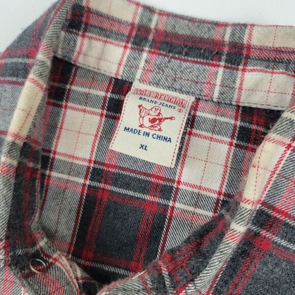 Vintage Y2K True Religion Pearl Snap Flannel Shirt Mens XL Red Plaid Western - Picture 2 of 13